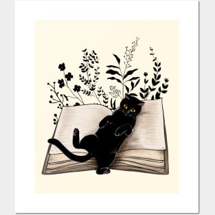 Cat reading a book, watercolor style, flowers growing from book, cats end books lovers lover Posters and Art